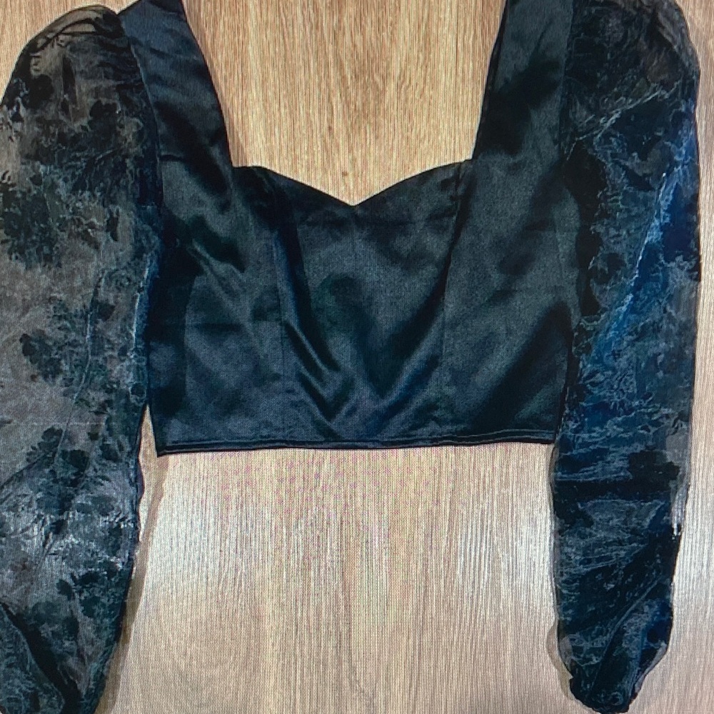 Nasty Gal Black Satin Crop Top with Sheer Puff Sleeves